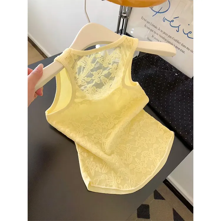 韩系黄色蝴蝶吊带背心女夏季短款小衫设计感小众薄款无袖上衣