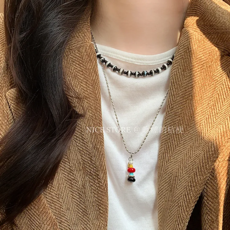 合金项链 晚睡的桔梗「山取」新中式撞色叠戴彩色项链长款吊坠毛