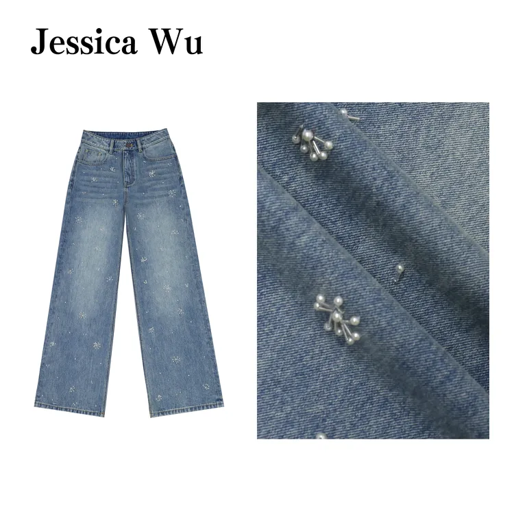 JESSICA WU浅蓝星点钉珠小花刺绣阔腿牛仔裤259203008