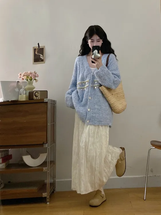 大码胖MM秋冬宽松慵懒亮片长袖毛衣外套开衫+半身裙韩版两件套女