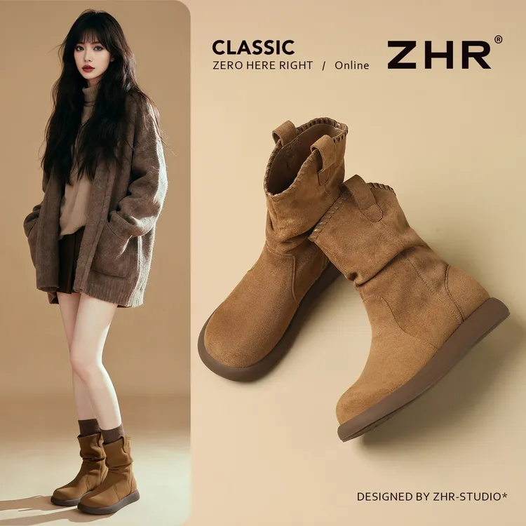 ZHR平底勃肯短靴女2025新款冬季加绒雪地靴马丁靴软底西部堆堆靴