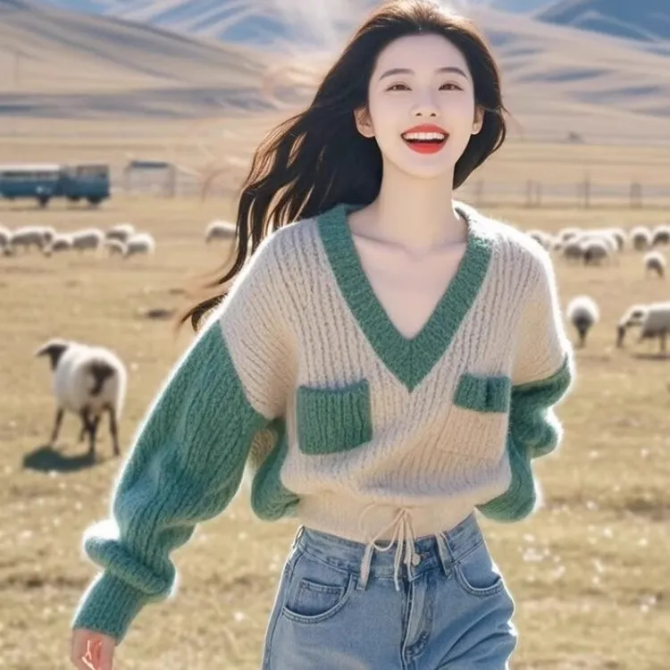 超好看绿色V领针织衫毛衣女装春秋小众慵懒风宽松休闲高级感上衣