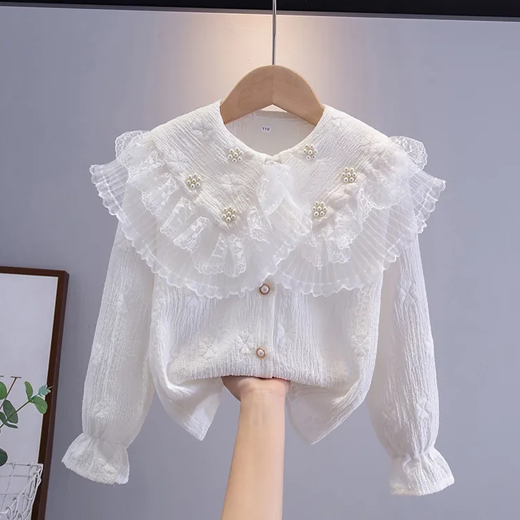 女童春秋薄款衬衫2025新款女孩娃娃领白色打底衫儿童衬衣外套上衣