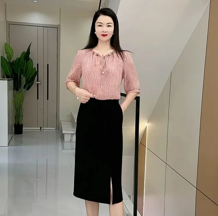 H832夏季时尚修身显瘦连衣裙遮肚子气质减龄高端假两件套连衣裙