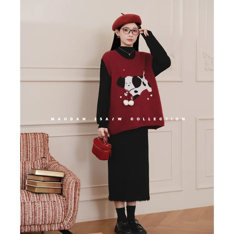 maodan/猫单【浆果红巧】孕妇装冬季新品时尚甜美减龄马甲连衣裙