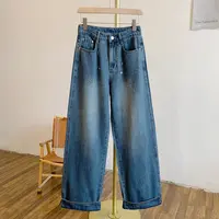 C4931烫钻裤脚翻边牛仔阔腿裤