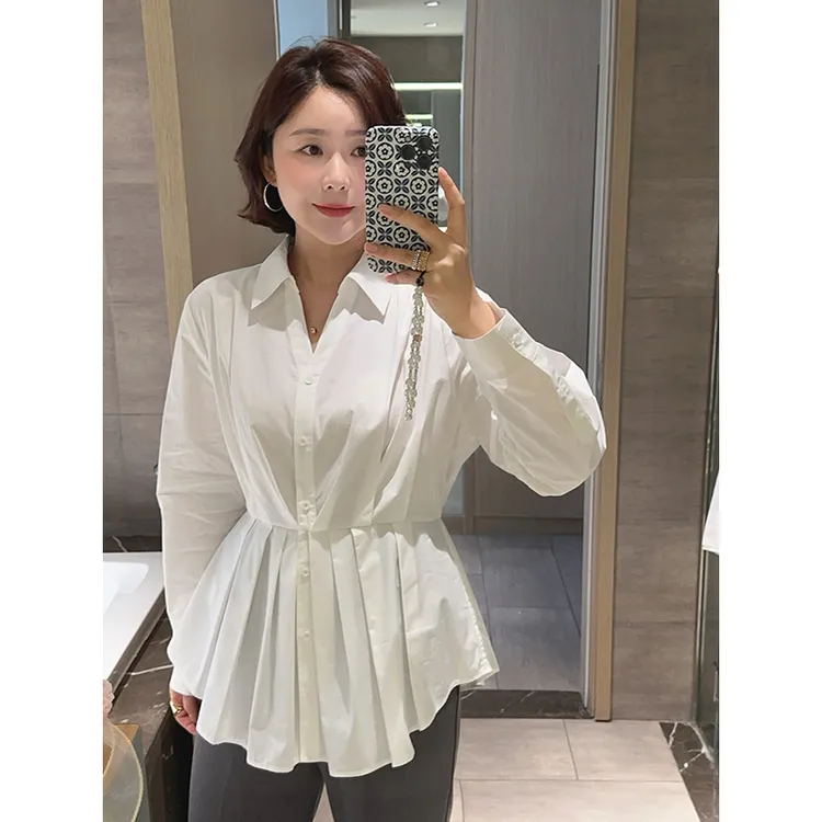 【DIS 现货】【皎洁沐光】早秋百搭显瘦收腰褶皱长袖衬衫Z525C11961