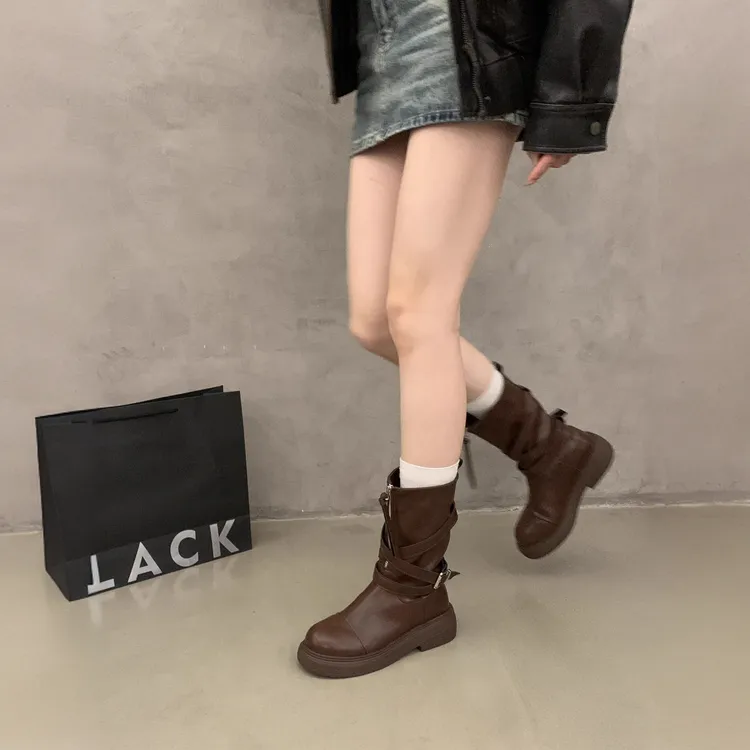 厚底棕色美拉德中筒加绒短靴女2025秋冬季新款西部牛仔马丁靴单靴