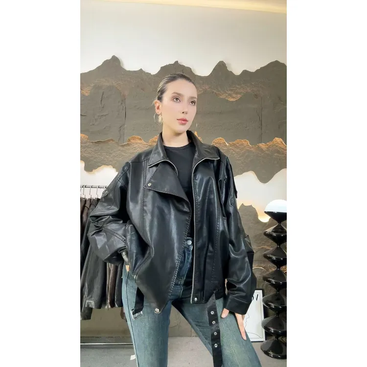 秋季气质休闲百搭通勤女款皮衣翻领短款皮夹克显瘦6603