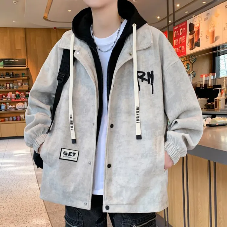 灯芯绒假两件外套男秋冬季新款潮牌连帽夹克青少年加绒休闲褂子男