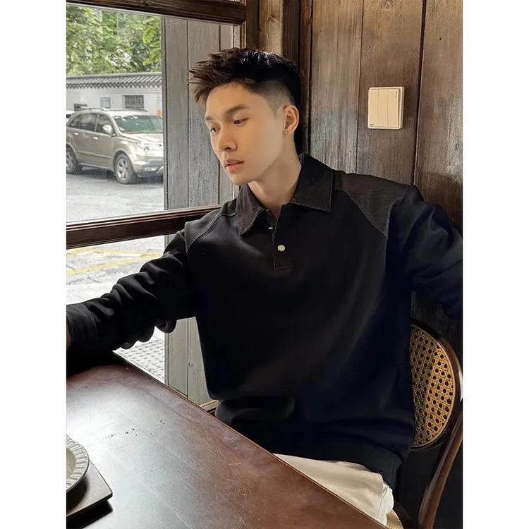 黑色美式正肩polo衫男款秋季痞帅高级感亨利领卫衣长袖内搭打底衫