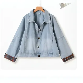A格子拼接牛仔外套女2025新款早春秋休闲宽松复古港味短款上衣