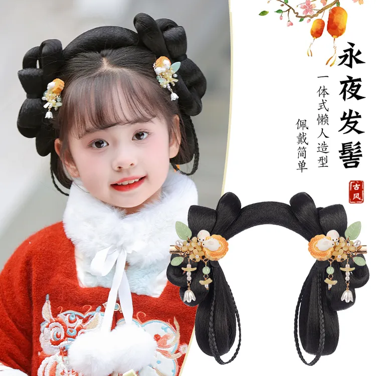 儿童汉服假发古风一体式发髻盘发古装女童头饰新年发型发包垫发女