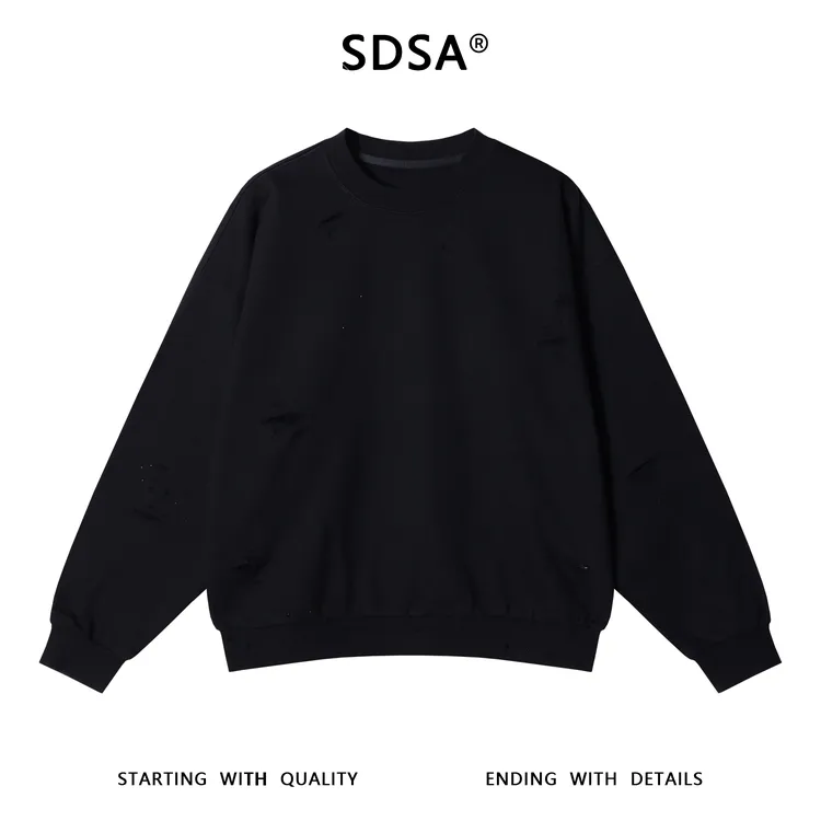 SDSA男士秋冬新款痞帅男装潮牌纯色破洞烫钻圆领卫衣时尚百搭上衣