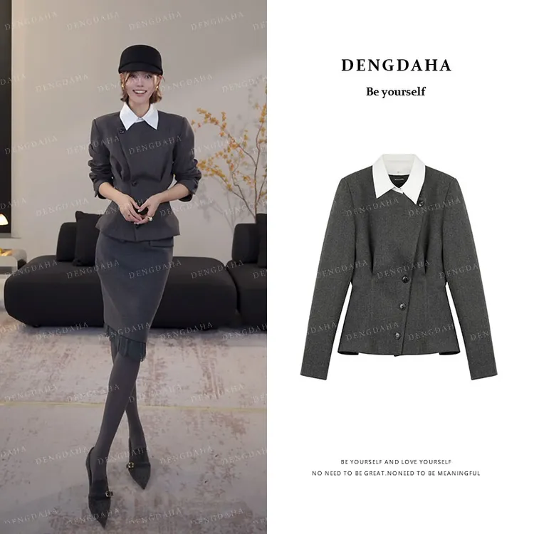 DENGDAHA「从容节奏」含羊毛收腰短款毛呢外套时尚上衣 Q5068
