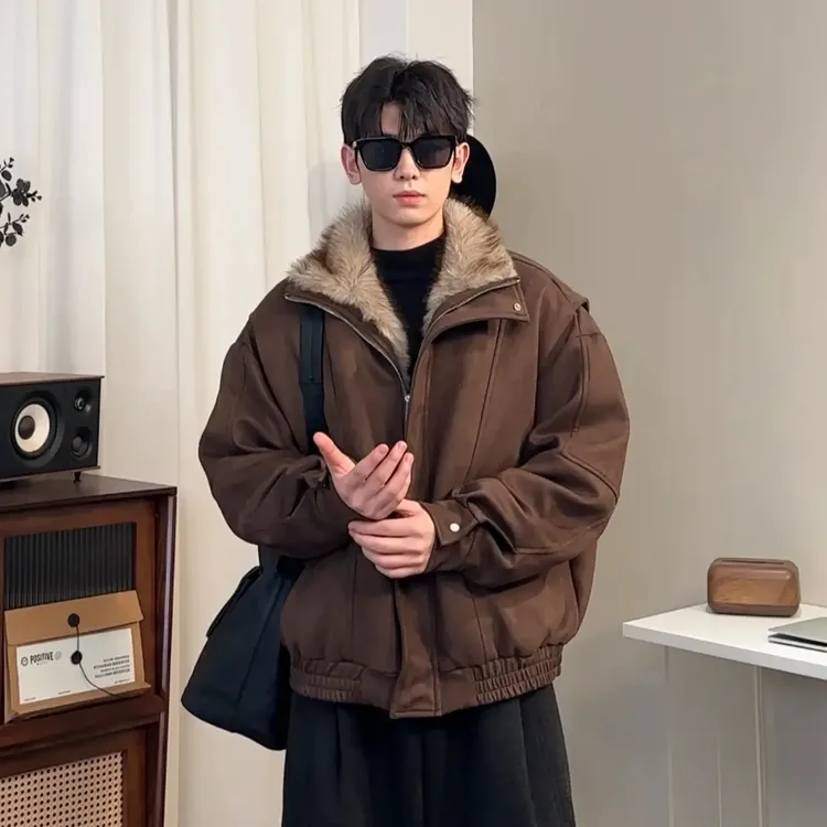 【十二月的暖阳】冬季立体裁剪座山雕皮毛一体外套男渐变色毛领棉服