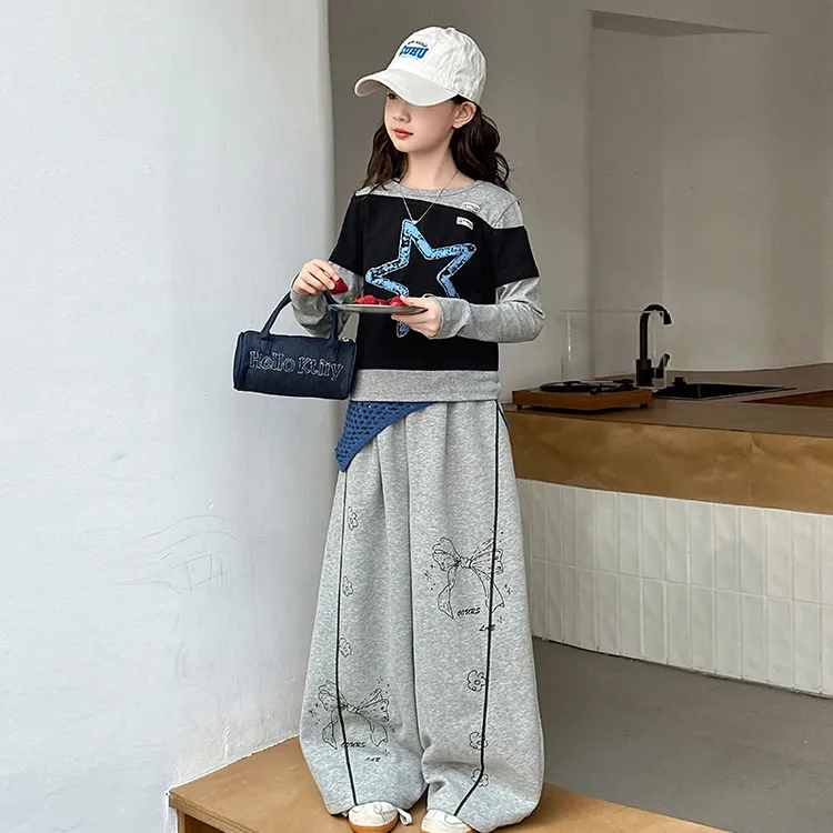 女童秋季套装2025新款韩版假两件上衣儿童中大童春秋工装裤两件套