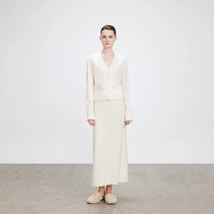 QIQIFUR 花边针织开衫女秋新款山羊绒气质上衣V领针织衫外套