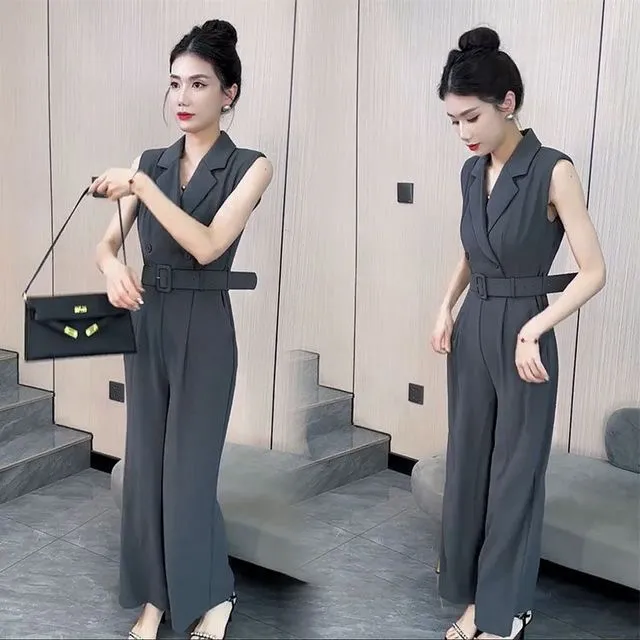 夏季2025新款法式气质轻奢名媛高级感西装领无袖高腰阔腿连体裤潮