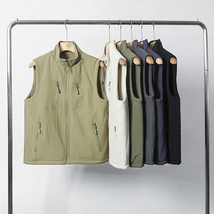 防风【两面穿】冬季加绒加厚保暖休闲马甲背心立领多口袋锦纶面料