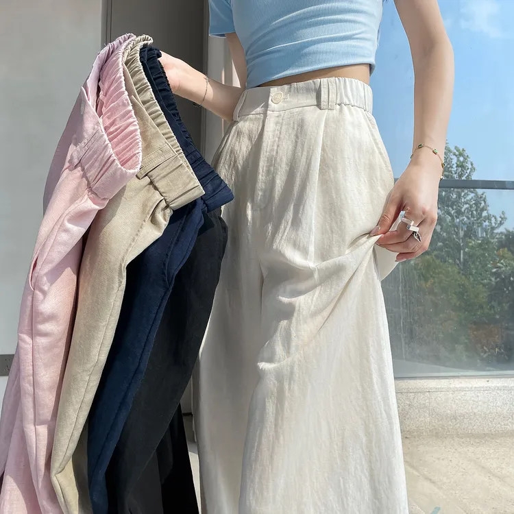 藏青色亚麻阔腿裤女夏季薄款高腰宽松显瘦冰丝垂感棉麻西装裤女士
