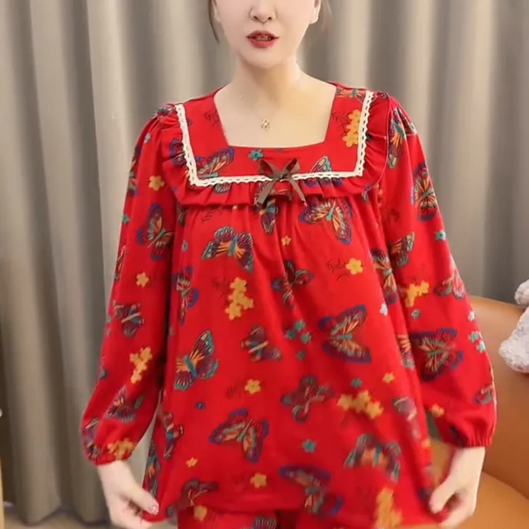 秋冬款亲夫保暖女家居服套装宽松甜美女睡衣套装
