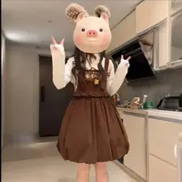 【安心推荐】秋季日系软妹可爱学生蝴蝶结宽松花苞背带连衣裙套装