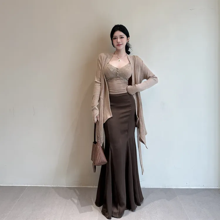 KaDaiShan 秋季吊带长裙套装女小妈风蕾丝鱼尾裙气质针织开衫外搭