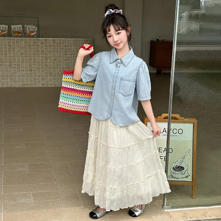女童夏装套装洋气泡泡袖儿童牛仔衬衫夏季中大童女孩裙子两件套