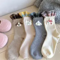 【原野焦糖】格纹卡通系列兔绒保暖可爱韩系小狗荷叶花边秋冬袜女