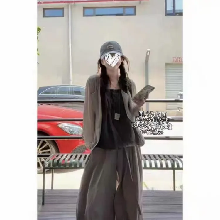 秋季上新穿搭一整套开衫+减龄背心吊带+高腰阔腿休闲裤三件套6559