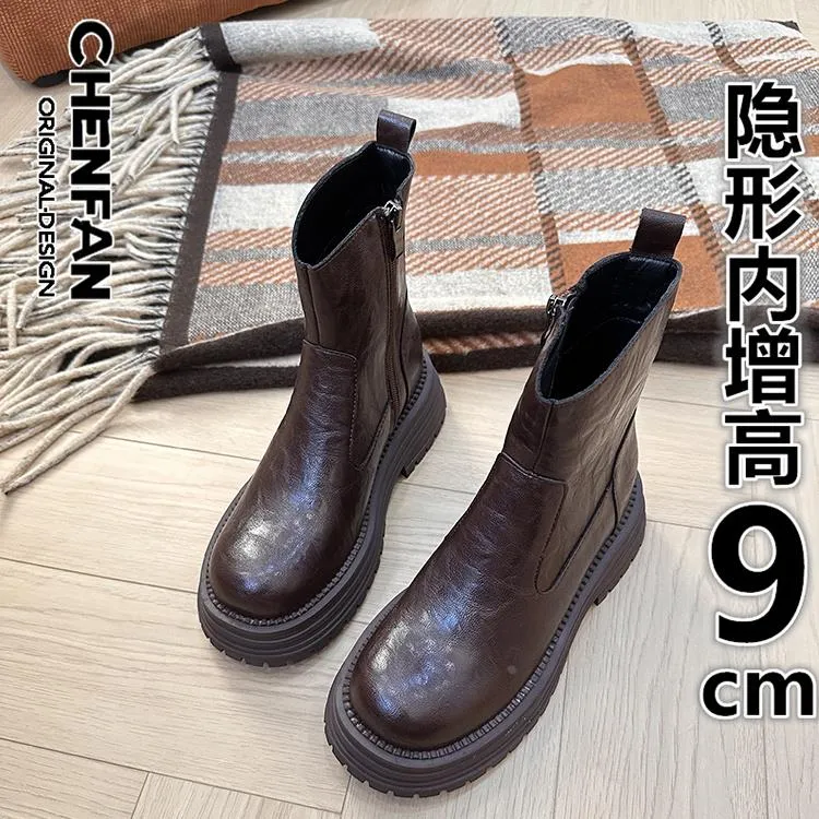 【官网小C&K旗舰店】内增高9cm棕色复古美拉德马丁靴女2025新款侧