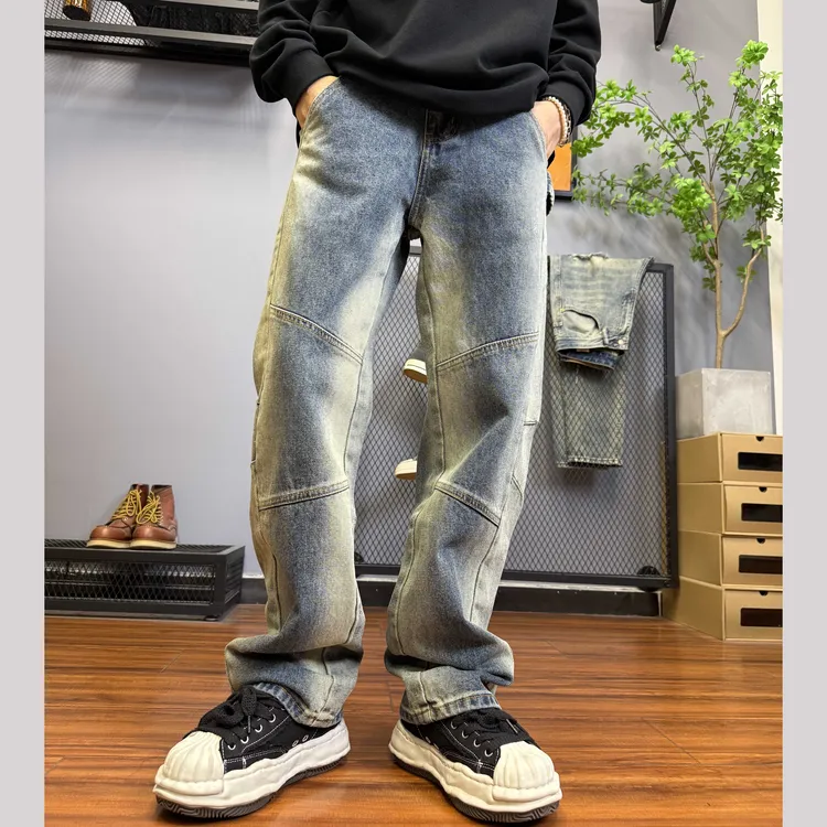 秋季美式复古牛仔裤男渐变色宽松直筒立体剪裁长裤高街痞帅潮C670