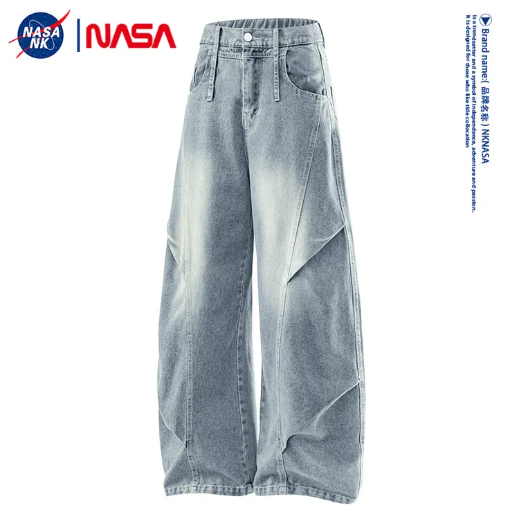 NASA联名美式复古高街牛仔裤男款秋冬季设计感休闲情侣直筒长裤子