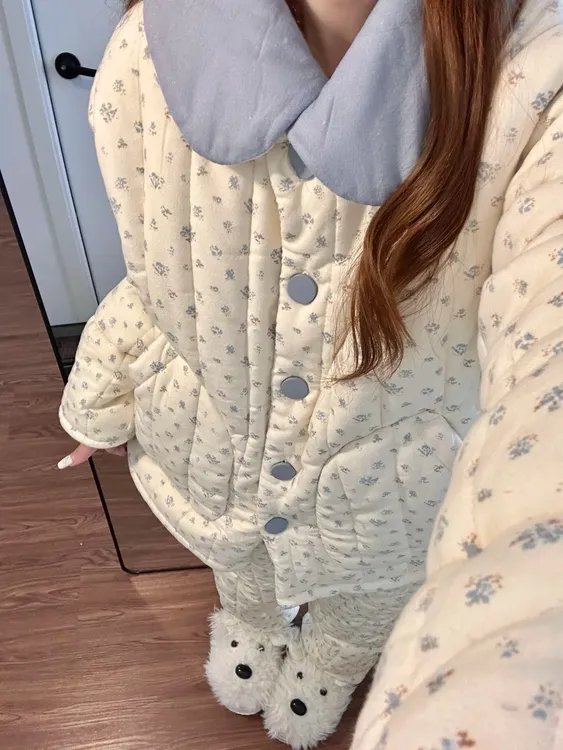 法式温柔少女碎花三层夹棉睡衣女新款棉服加厚家居服套装可外穿