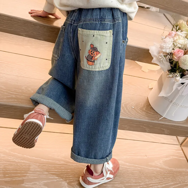 女童卡通牛仔裤洋气儿童老爹裤春秋季新款女宝宝宽松休闲裤子女孩