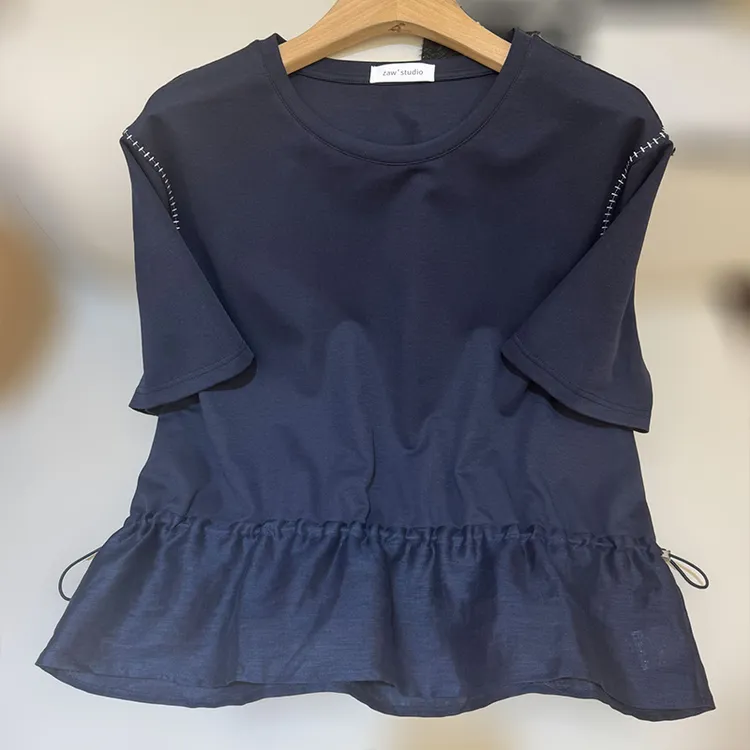 zaw大码女装纯色拼接短袖T恤女设计感遮肚子宽松胖mm上衣/25263