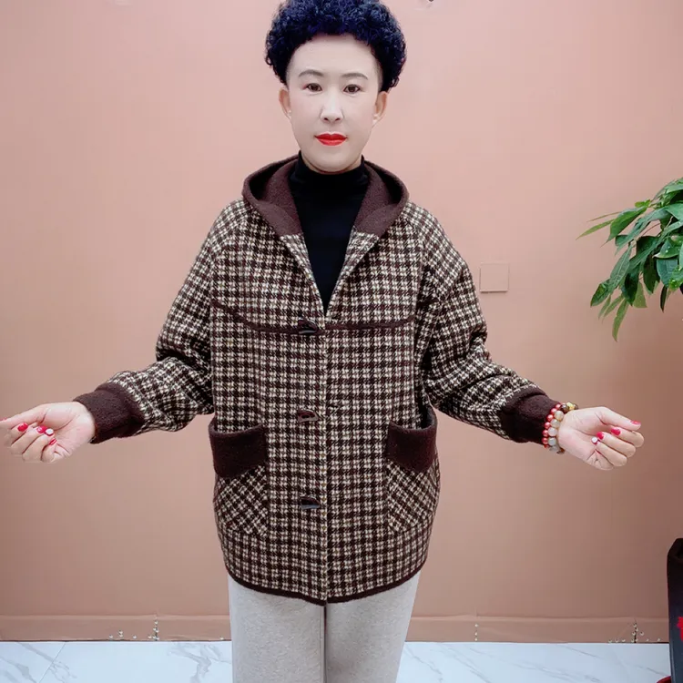 帽款千鸟格韩国绒短款外套文艺百搭显瘦连帽长袖格子加厚休闲时尚