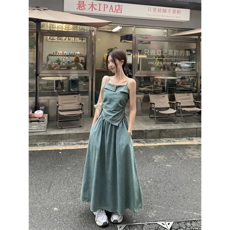 老钱风松弛感女装贵气K港味复古不规则做旧牛仔吊带背心女夏季新