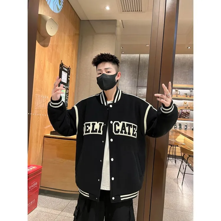 针织棉棒球服加绒奥粒绒外套冬季百搭宽松潮牌上衣服男生休闲美式