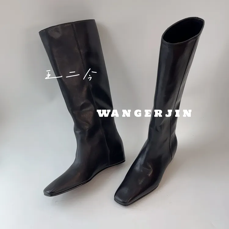 【王二今】牛皮/5CM/内增高方头极简不过膝时装长筒靴酷飒骑士靴女
