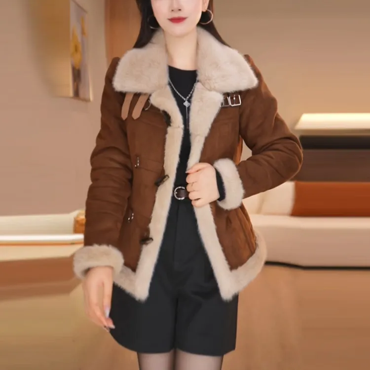 反皮绒加绒加厚保暖短款外套女2025冬季新款时尚轻奢显瘦气质上衣