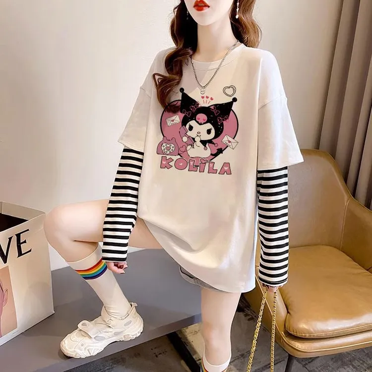 FAVMARTHA~库洛米女童长袖t恤棉春秋2025新款女大童假两件卡通棉