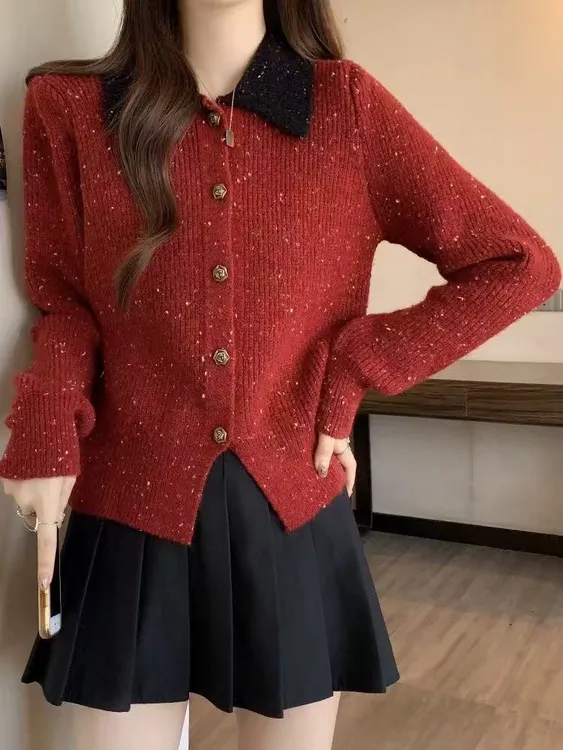 334#圣诞新年红色小香风设计感针织开衫女秋冬新款单排扣翻领毛衣