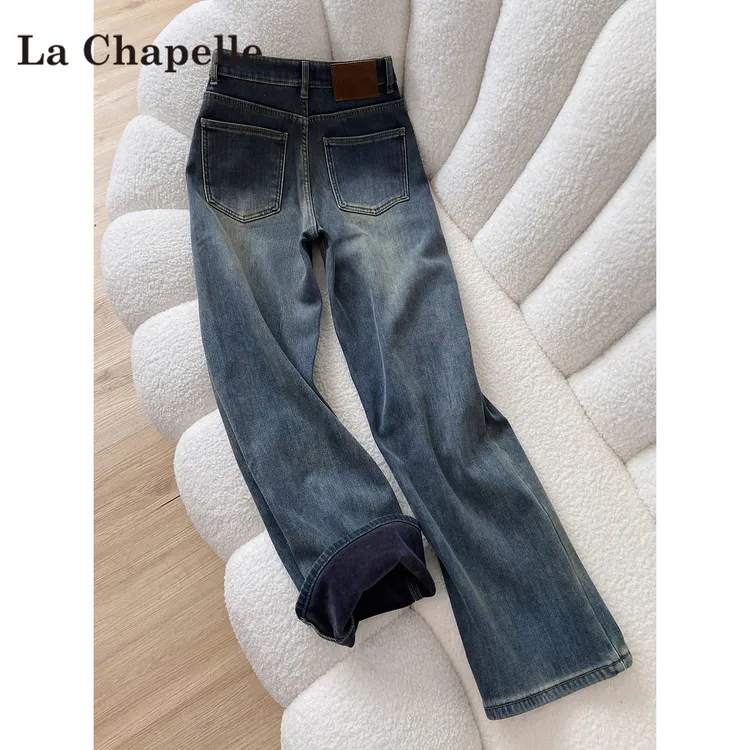 拉夏贝尔水泥灰加绒直筒牛仔裤女秋冬新款复古高腰显瘦窄版拖地裤