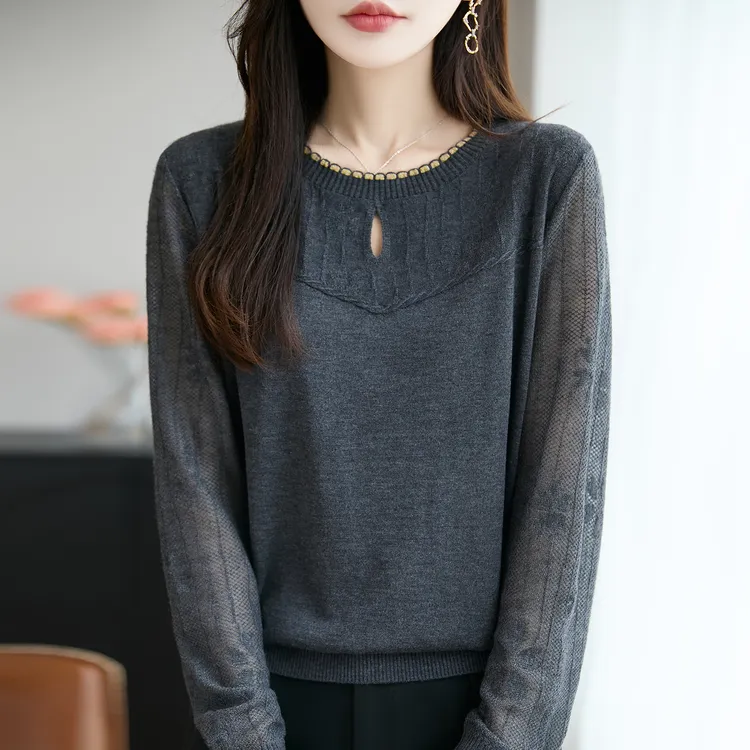 胖mm春秋特大码女士毛衣遮肚子显瘦蕾丝上衣高级感内搭针织打底衫