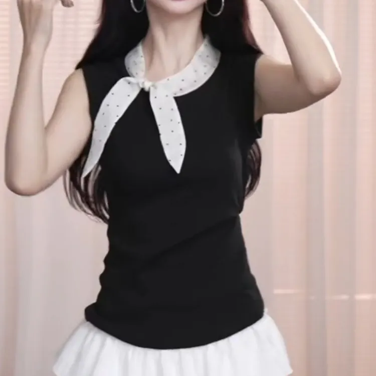 夏季小众侧领无袖蝴蝶结波点通勤穿搭背心LK2504215