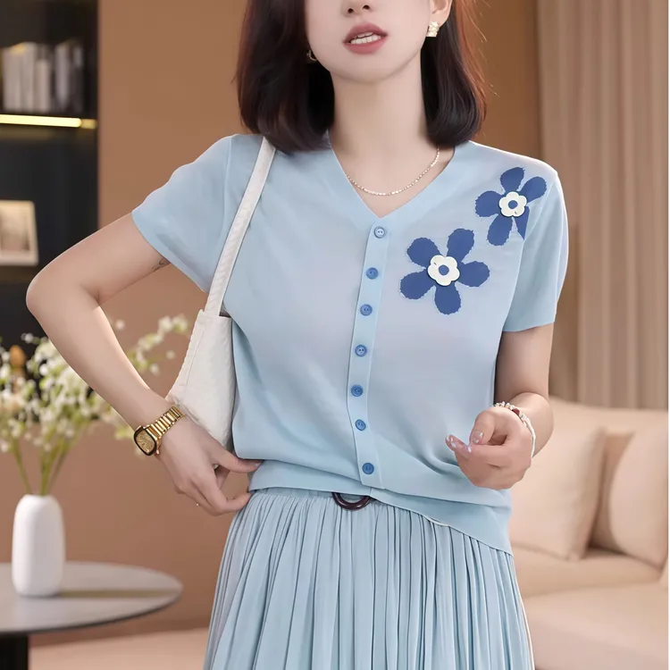高级感V领短袖针织开衫女夏季2025新款洋气刺绣宽松显瘦薄款上衣