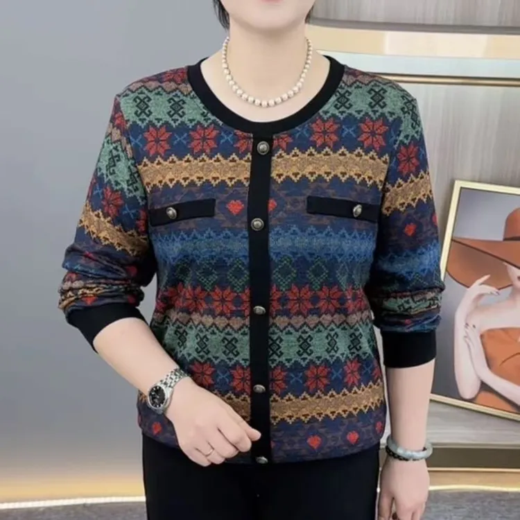 秋季新款时尚圆领一体绒中老年气质妈妈装显瘦百搭长袖上衣H7296