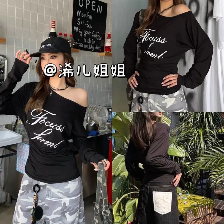 （浠儿姐姐）黑色字母印花休闲斜肩美式复古辣妹长袖T恤女早秋上衣